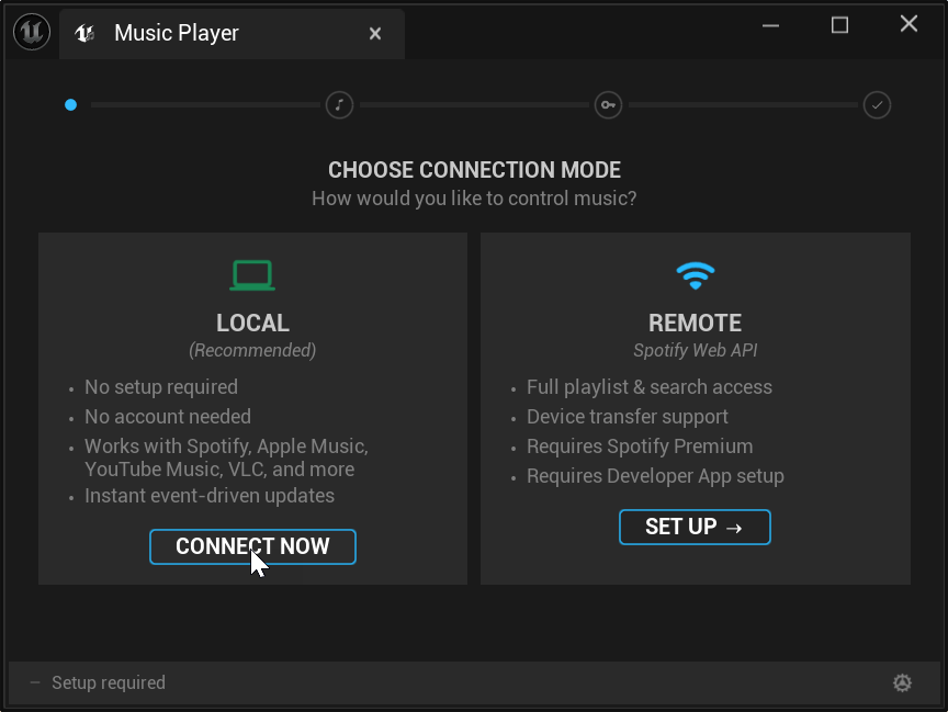 Setup wizard showing Local and Remote options