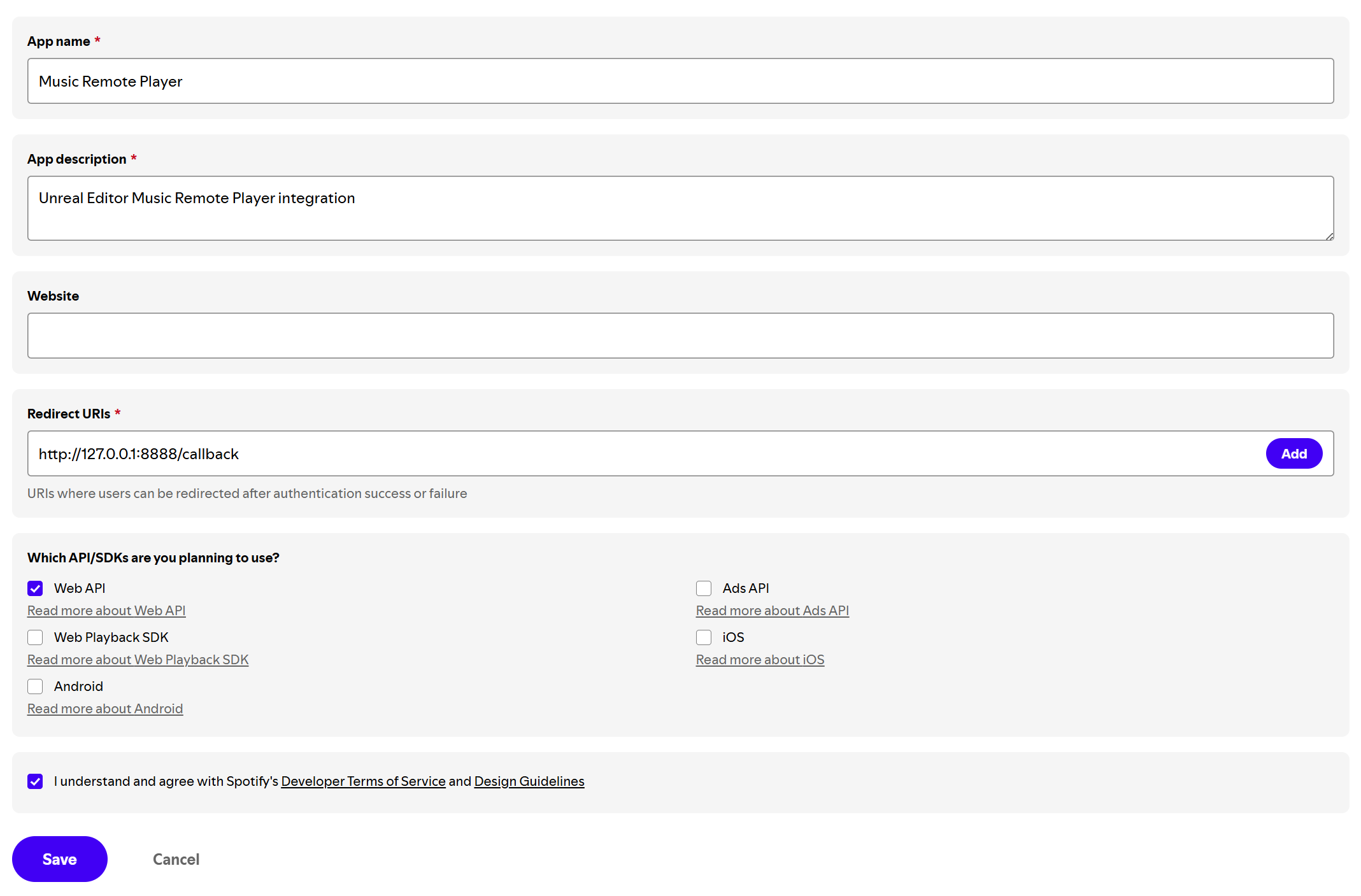 Create App form with fields filled in