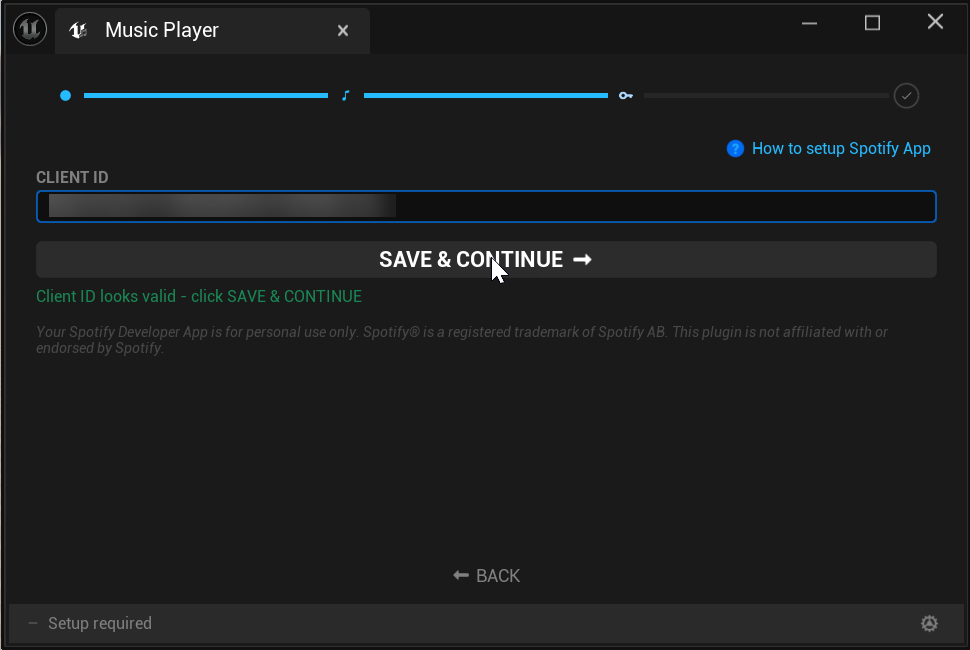 Client ID pasted, Save & Continue visible