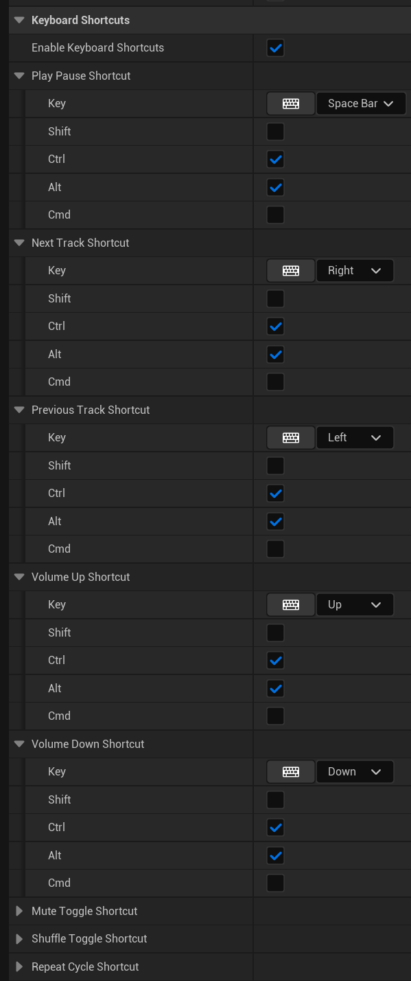 All 8 shortcut fields with defaults