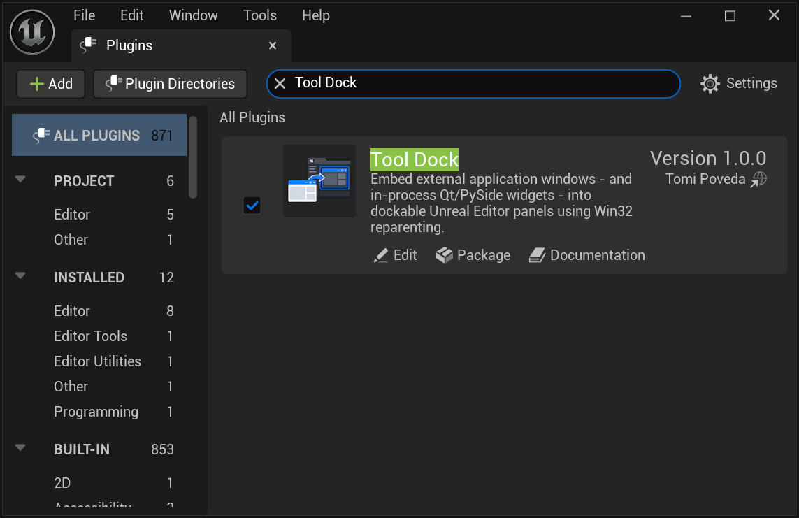 The plugin manager with Tool Dock enabled