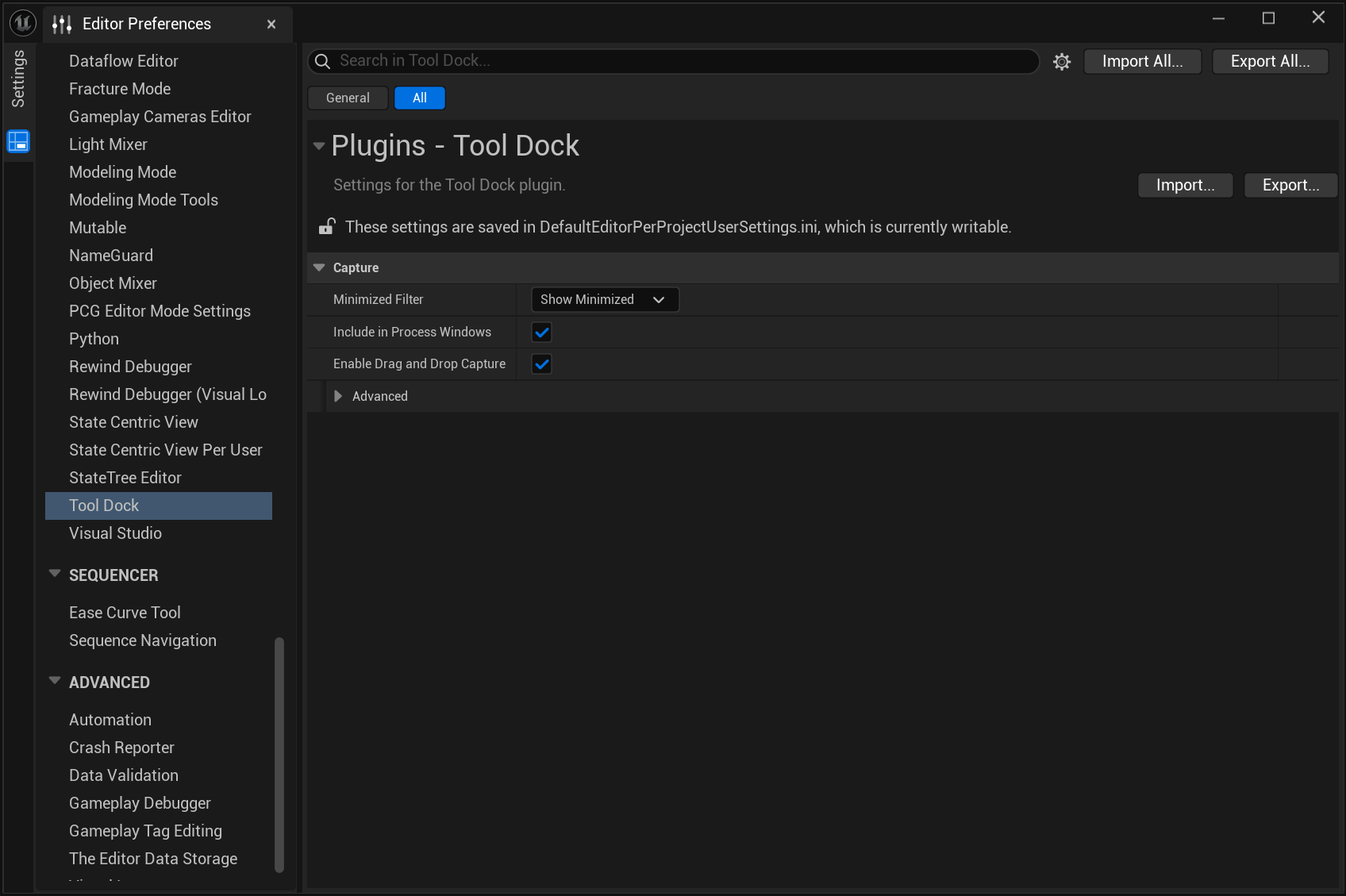 The Tool Dock settings panel